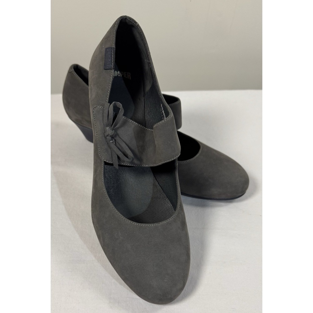 Camper Women's Helena Bajo Gray Mary Jane Pump Bow Shoes Nubuck Leather Suede 9